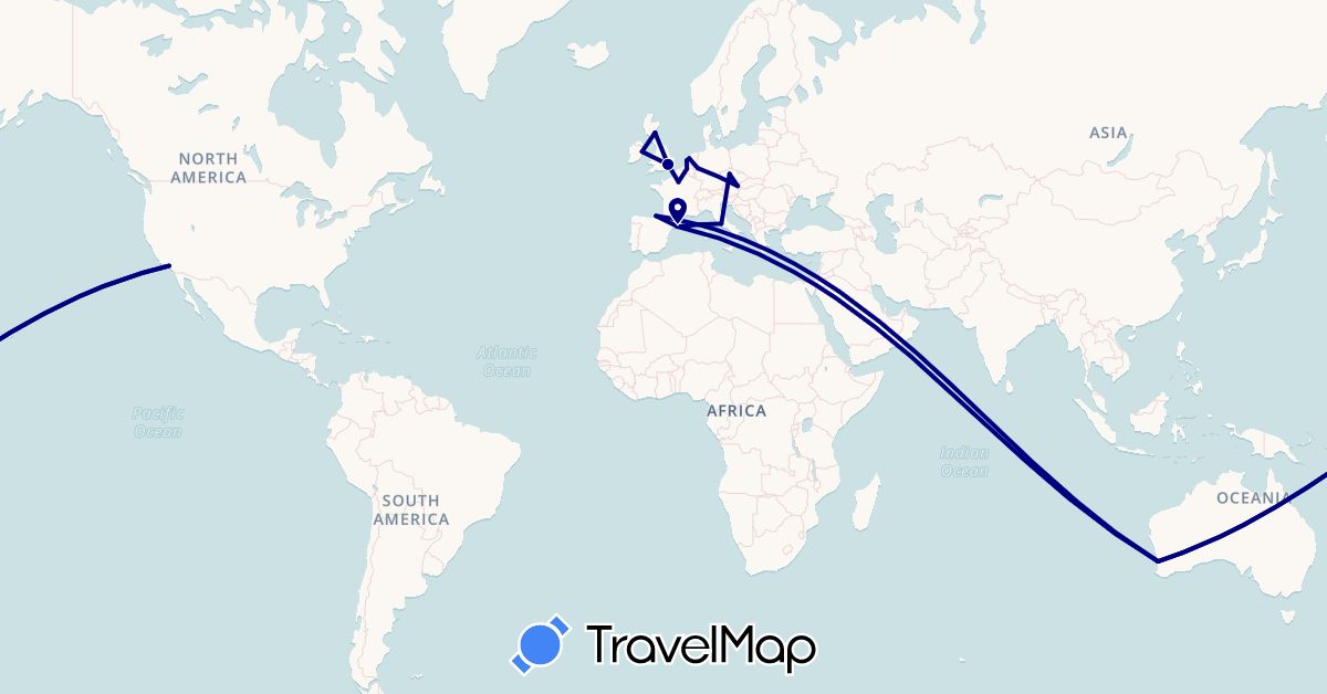 TravelMap itinerary: driving in Austria, Australia, Belgium, Czech Republic, Germany, Spain, France, United Kingdom, Ireland, Italy, Netherlands, United States (Europe, North America, Oceania)