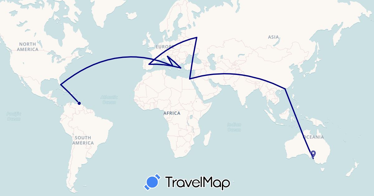 TravelMap itinerary: driving in Australia, Egypt, Spain, Greece, Hong Kong, Italy, Russia, United States, Venezuela (Africa, Asia, Europe, North America, Oceania, South America)