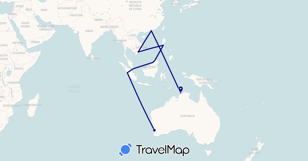 TravelMap itinerary: driving in Australia, Brunei, Hong Kong, Indonesia, Malaysia, Philippines, Singapore, Vietnam (Asia, Oceania)